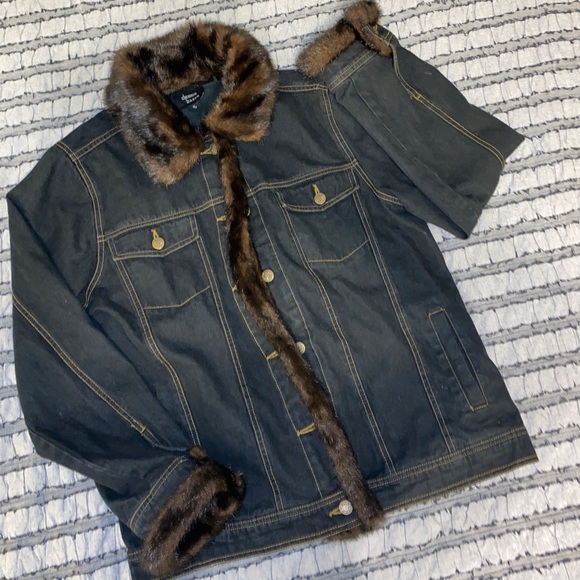 Faux Fur Cuffed Denim Jacket Retro Vintage Grunge Style - Picture 1 of 7